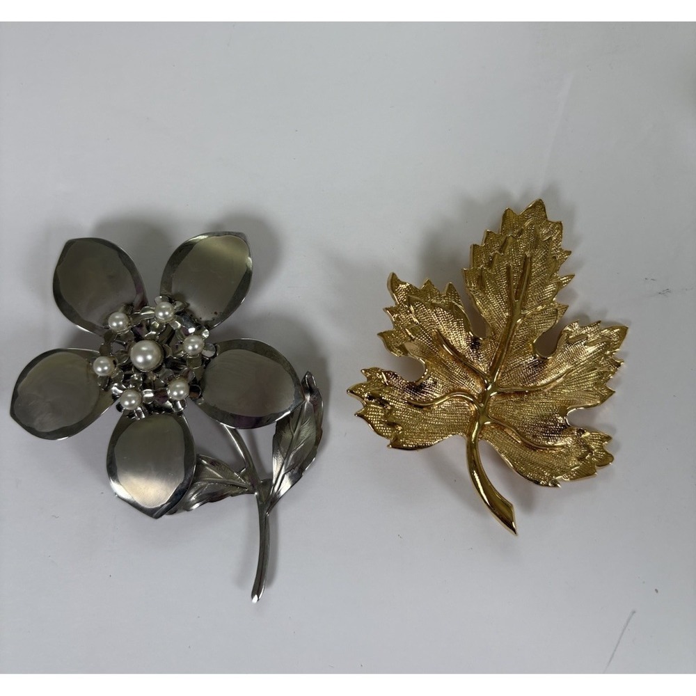 VTG Brooch Pin Lot Silver Tone Flower Faux Pearl Gold Leaf Costume Jewelry
